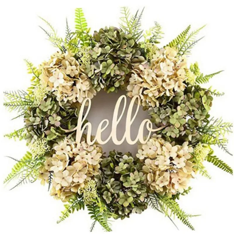 45cm Artificial Hydrangea Wreath Front Door Home Decoration Hydrangea Garland Wall Background Wedding Party Decor Hello Wreath