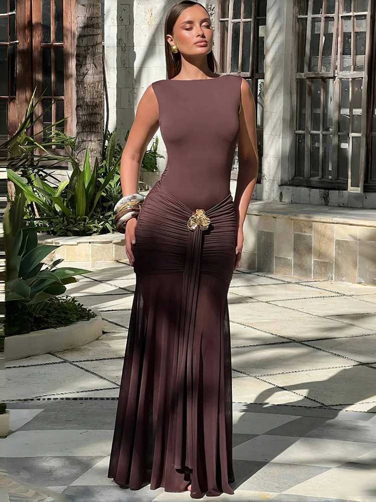 

Oniflyme Sexy Sleeveless Draped Ruched Maxi Dress Women Metal Flower Backless High Split Bodycon Club Partywear Fashion Dresses
