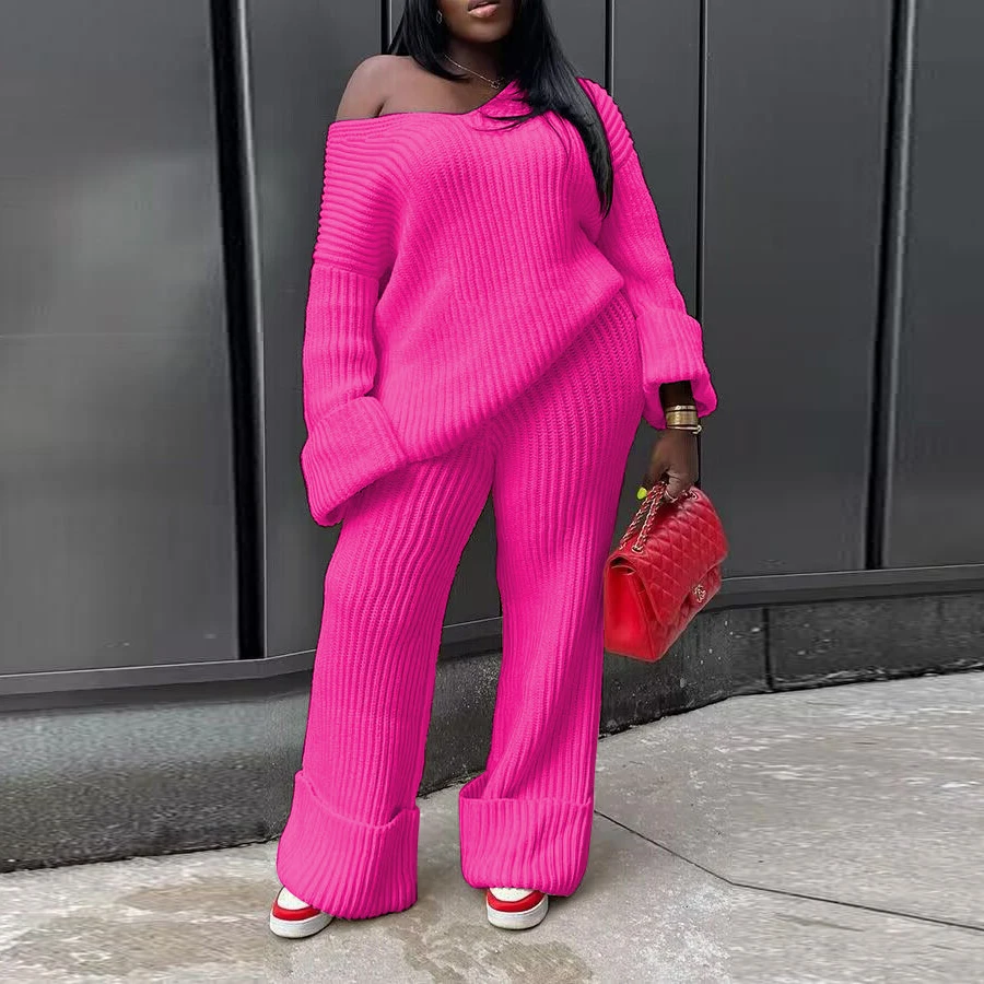 Two Piece Set Women Sweater Loose Top Straight Pants Wide Leg Long Sleeve Knitted Suit Outfits Female Lounge Wear Knittwear 2 Pc