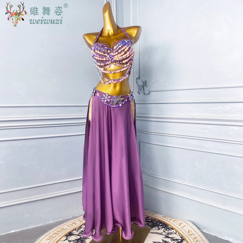 Conjunto de desempenho de dança do ventre para mulheres, sutiã de lantejoulas sênior personalizado + saia longa dividida sexy, fantasia de competição de dança oriental
