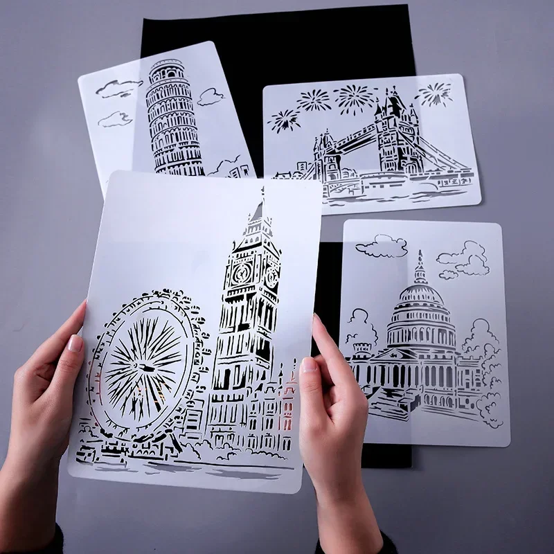 1pc Castle Stencils Painting Template Reusable DIY Scrapbooking Photo Album Decorative Office School Supplies Drawing Template