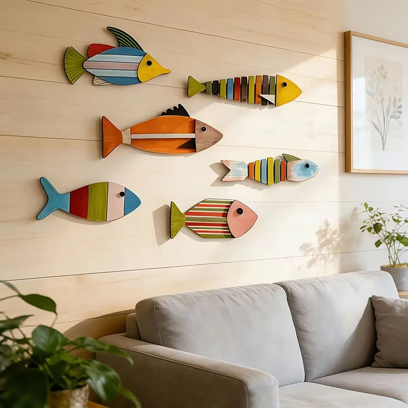 6PCS  2D Colorful Wooden Fish Wall Decor, Coastal Style Hanging Fish Ornaments With Double‑Sided Nano Tape for Home Bathroom
