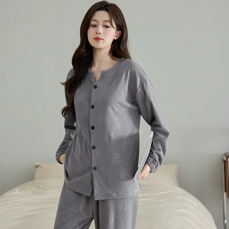 

Pajama Sets Gray Women Wool Oversized Lazy Classical Wife Thickened Stretchy Hooded Long Sleeve Ankle Length Winter Silver Bow