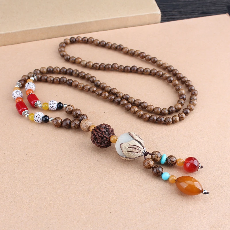 Bodhi Pullover Kette Ethnischen Stil Männer Frauen Mode Vielseitige Baumwolle Hanf Holz Buddha Perlen Halsketten Schmuck