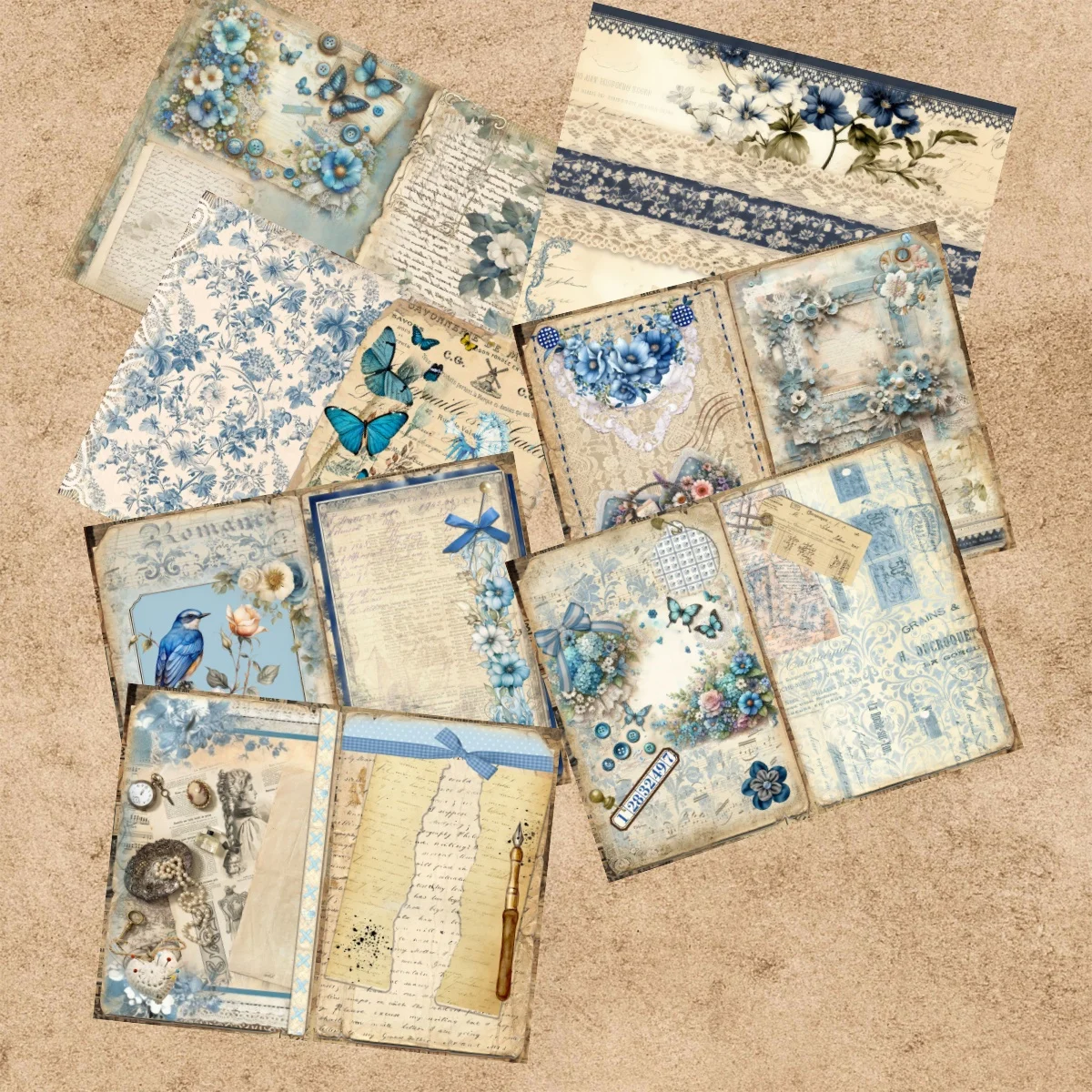 15 Sheets A5 Size Blue Collage Flowers Label Butterfly Collage Background Vintage Grunge Journal Planning Scrapbooking