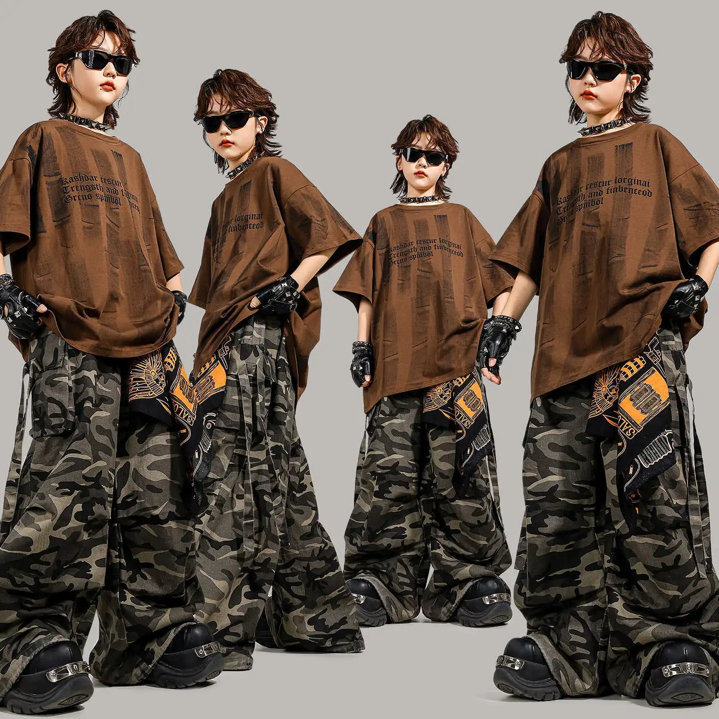 

Kid Kpop Hip Hop Clothing Coffee Print T Shirt Camo Casual Strap Parachute Cargo Pants for Girl Boy Jazz Dance Costumes Clothes