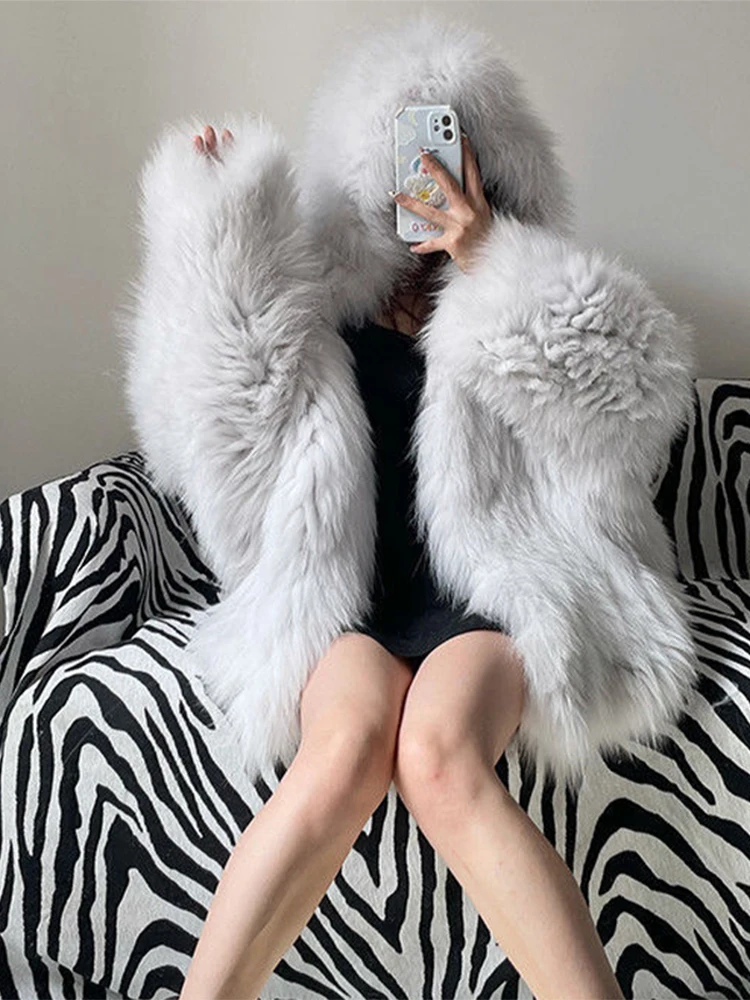 Women Winter Loose Hooded Bat Full Sleeve Casual Faux Fur Jacket Lady Slim Thick Warm Soft Outwear 2023 New Fashion Overwear