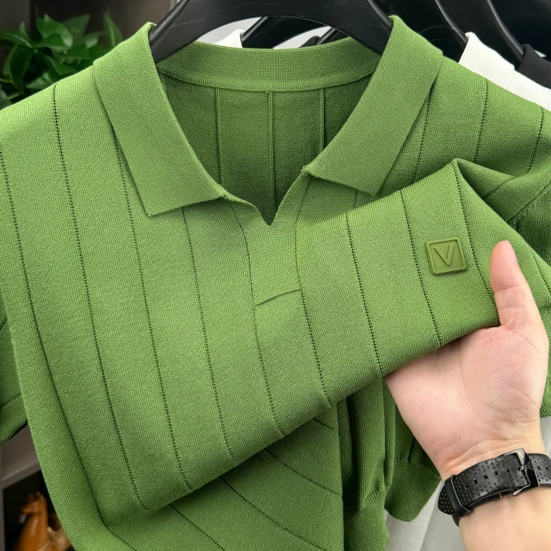 Luxury Brand Men's V-Neck Knitted Printed Polo Shirt Fashion Lapel Short Sleeved Sweater T-shirt Casual Versatile Men's Clothing