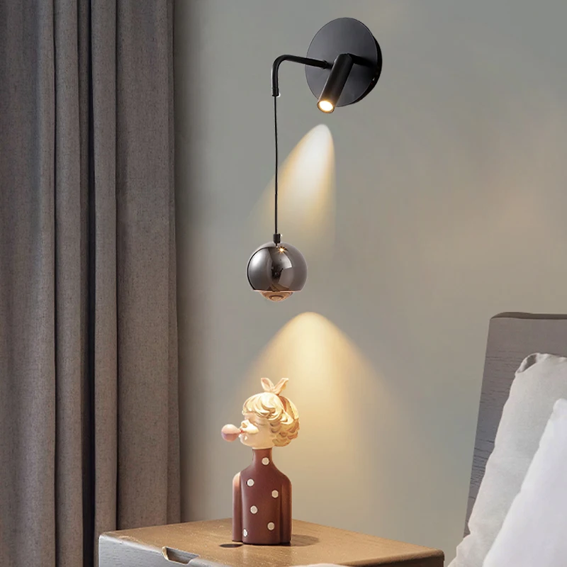 Wall Lamp Bedroom Bedside Suspension Wire Wall Lamp Small Spotlight Nordic Modern Minimalist Cream Style Ball Small Hill Italian