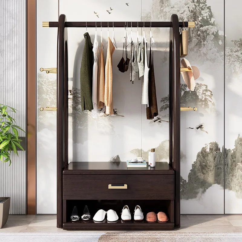 Solid wood floor coat rack with shoe cabinet shoe rack integrated hanger modern Chinese household rack