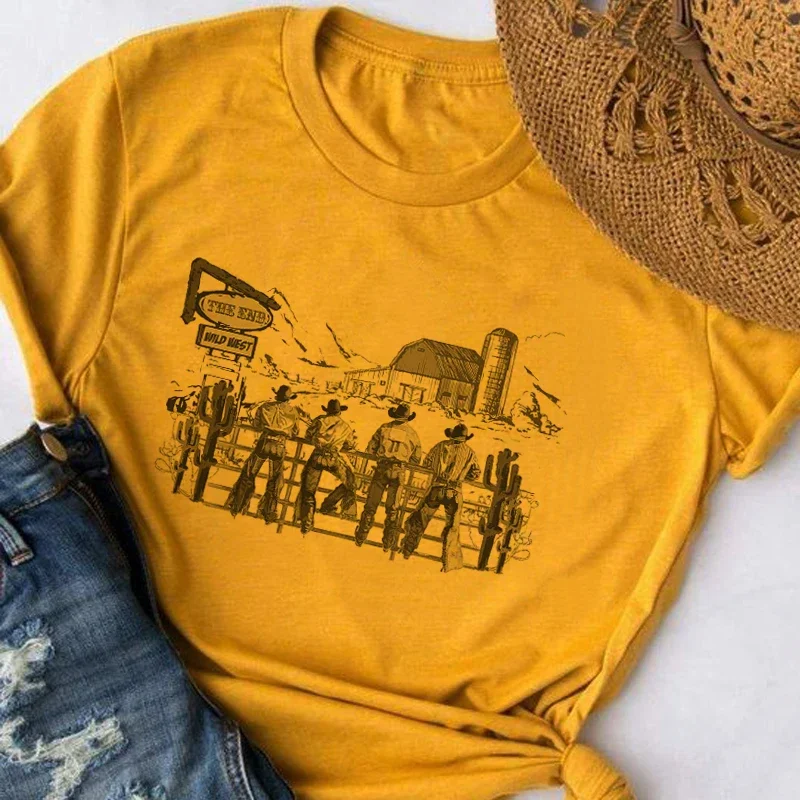 Western T Shirt Cowboy Rodeo Hand Drawn Graphic Shirts Loose Short Sleeve Retro Cowgirl Wild West Shirt Women Vintage Boho Top