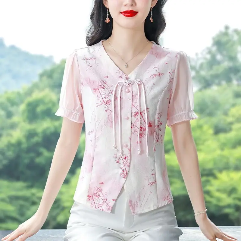 Chinese Style Chiffon Shirt Women Short Sleeved Summer New Unique Middle Age Vintage Floral Bamboo Printing Slim Short Tops