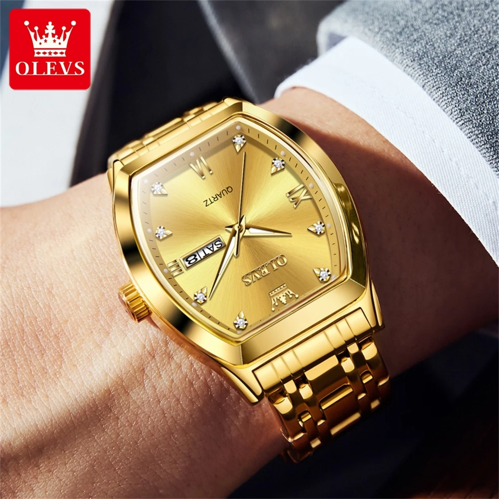 OLEVS 5528 Quartz Men\'s Watch Luxury Brand Diamond Business Stainless Steel Waterproof Tonneau dial Gold Watch Reloio Masculino