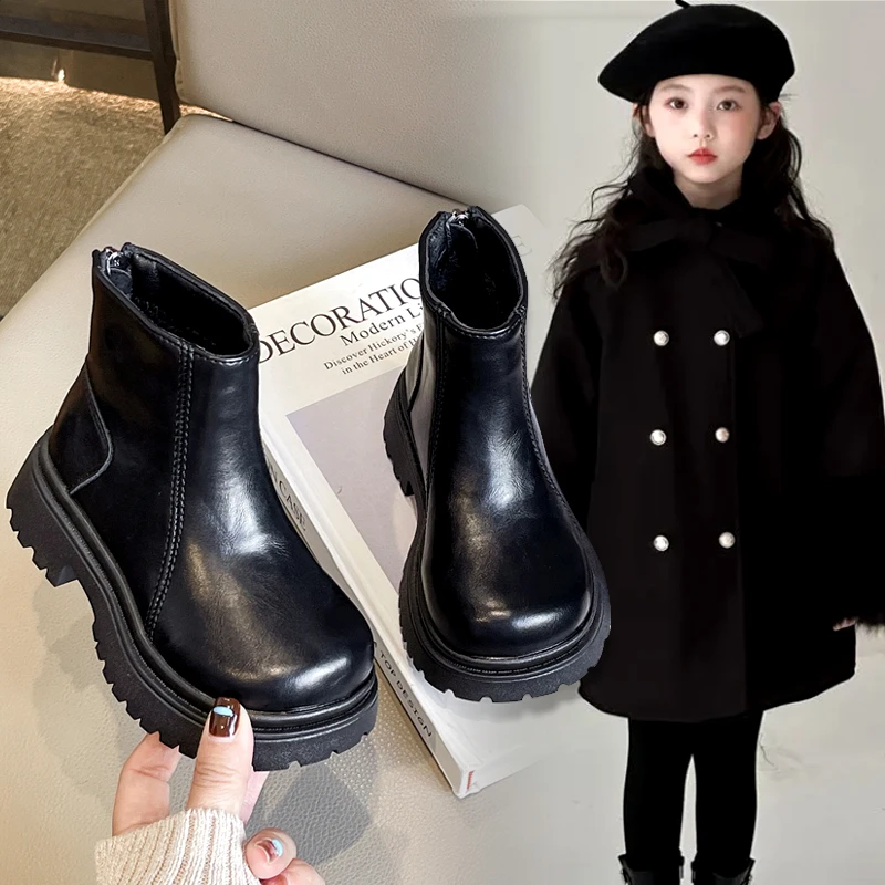 أحذية أطفال جديدة للخريف والشتاء للبنات، أحذية فردية، أحذية كبيرة، أحذية قصيرة مع الصوف، أحذية جلدية للفتيات