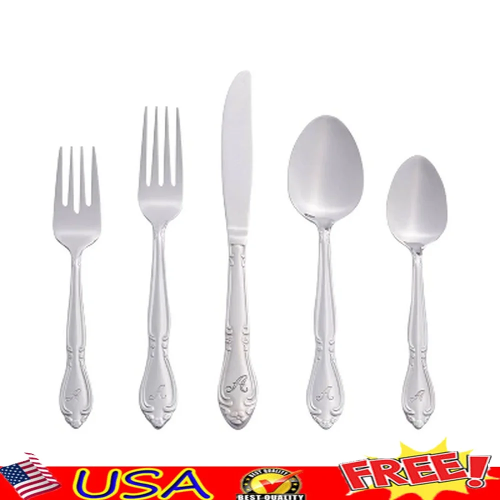 

Monogrammed 46pc Stainless Steel Flatware Set Service 8 Elegant Rose Blossom Design Dishwasher Safe Includes Serving Pieces