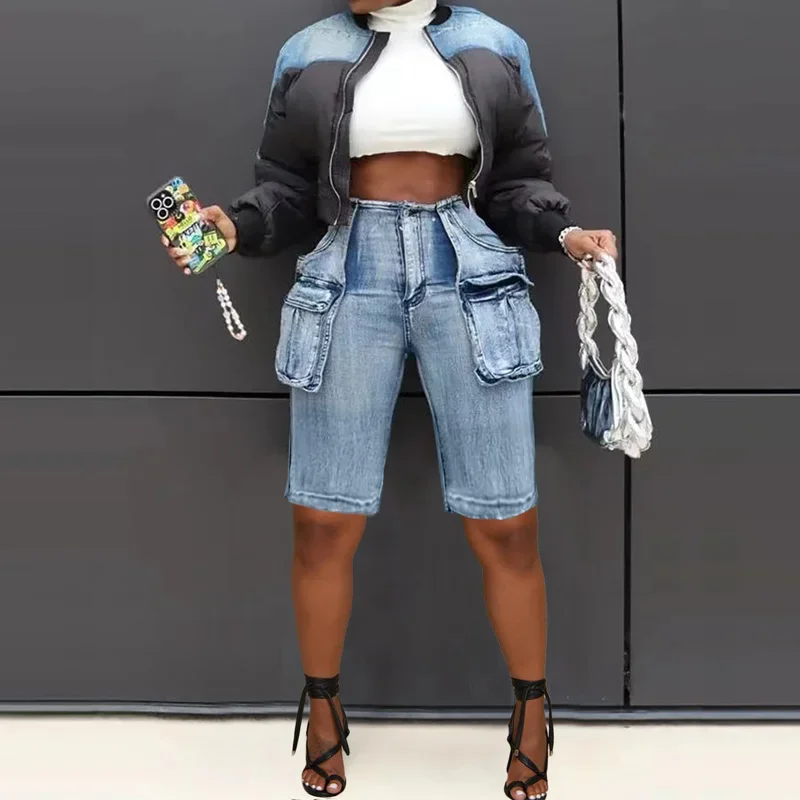 

Американские ретро потертые джинсовые шорты-карго, женские уличные прямые джинсовые брюки в стиле хип-хоп длиной до колена, новинка лета