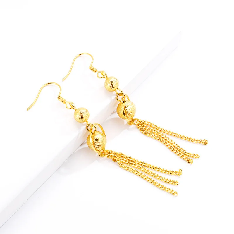 AU999 Gold Patterned Fortune Bead Earrings Gold Shop Wedding Jewelry 24K Pure Gold Goddess Tassel Earrings for Girlfriend Gift