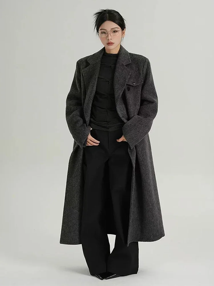 

Элегантное пальто из искусственной шерсти для женщин Y2K, зимняя плотная уличная одежда, свободная куртка миди в корейском стиле Хепберн, смешанная длинная верхняя одежда с лацканами Mujer