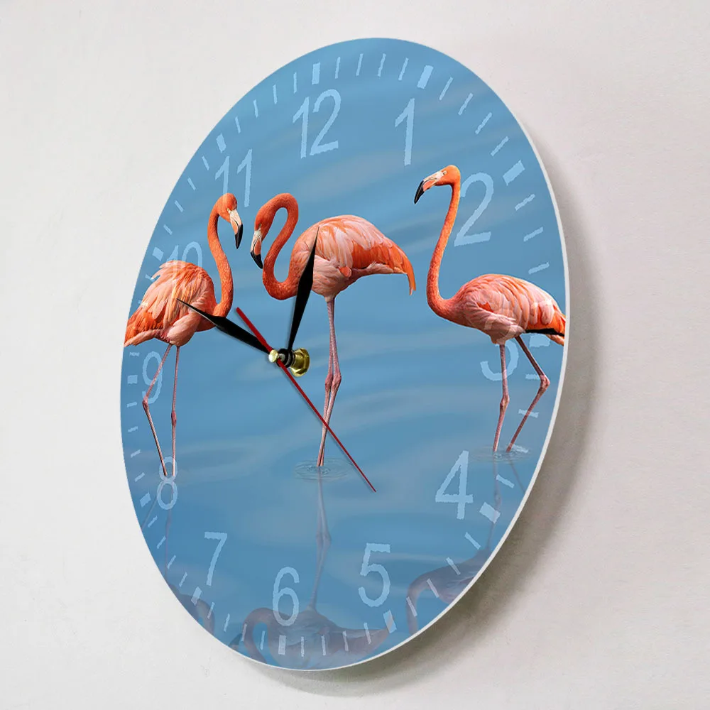 Pink Flamingo Wall Clock Tropical Blue Water Birds Silent Quartz Watch Living Room Bedroom Beach House Decor Bird Lover Gift