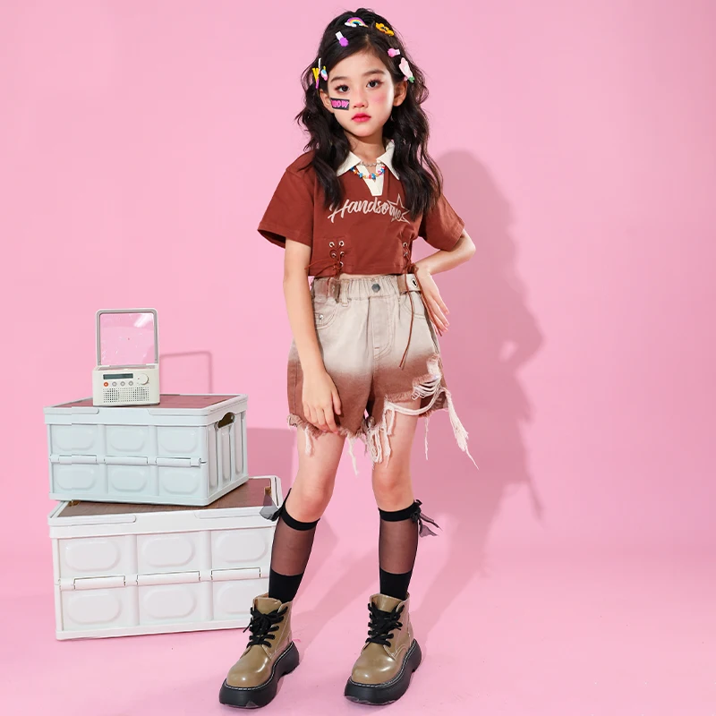 Girls Clothing Sets Summer Print T-shirt Crop Top Denim Shorts Kids Street Wear Suit Teen Hip Hop Outfits 4 6 8 9 10 12 14 Years