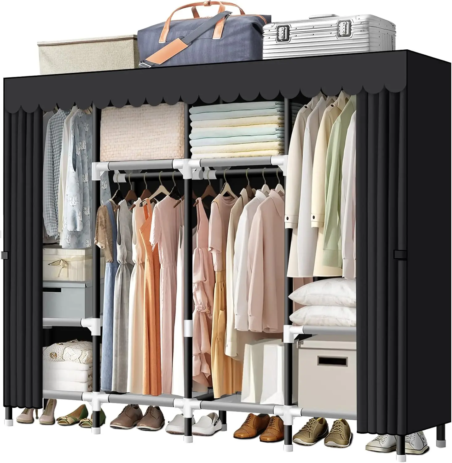 

67-Inch Portable Wardrobe Closet with 4 Hanging Rods, Sturdy Steel Tube, Easy Assembly, Black Cover