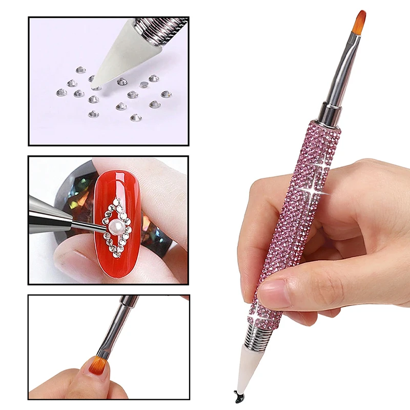 2 IN 1 Dual Heads Crystal Point Drill Pen Nail Brush Colourful Stay Wire Pen Rhinestones Gem Dotter DIY Drill Nail Art Tools