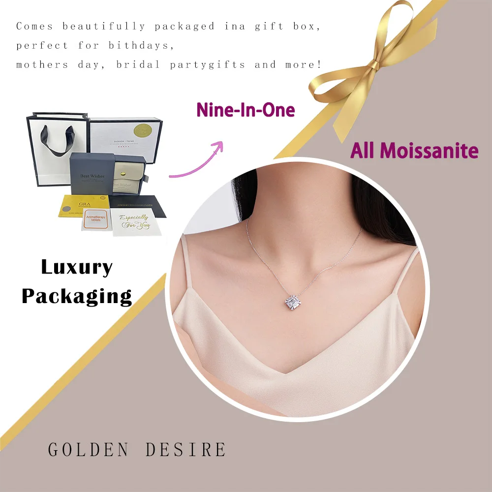 

1.4 CTW Moissanite Necklace 925 Sterling Silver Gold Square Pendant for Women Geometric Charm Adjustable Jewelry Gift
