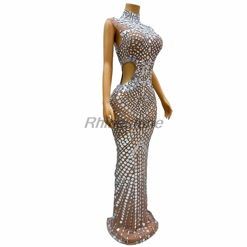 New Luxurious Gold Mirrors Rhinestones Floor Length Transparent Outfit Dance Costume Birthday Performance Dresses