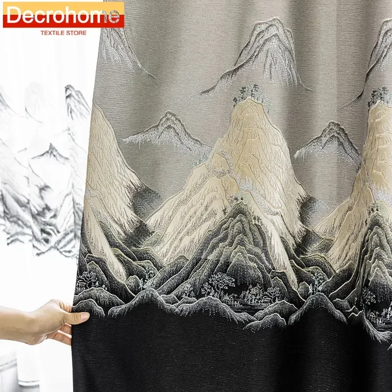 Chinese Relief Three-dimensional Embroidery Blackout Chinese Style Landscape Painting Curtains for Living Dining Room Bedroom