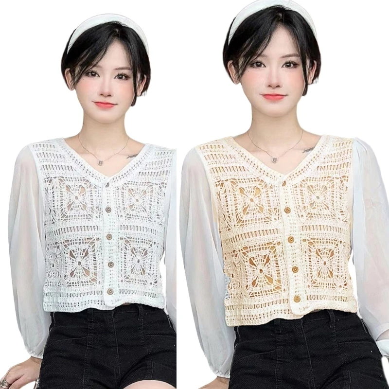 

Breathable and Comfortable Blouse with Lace Detail Long Sleeve Cropped Cardigan Soft and Comfortable Casual Top