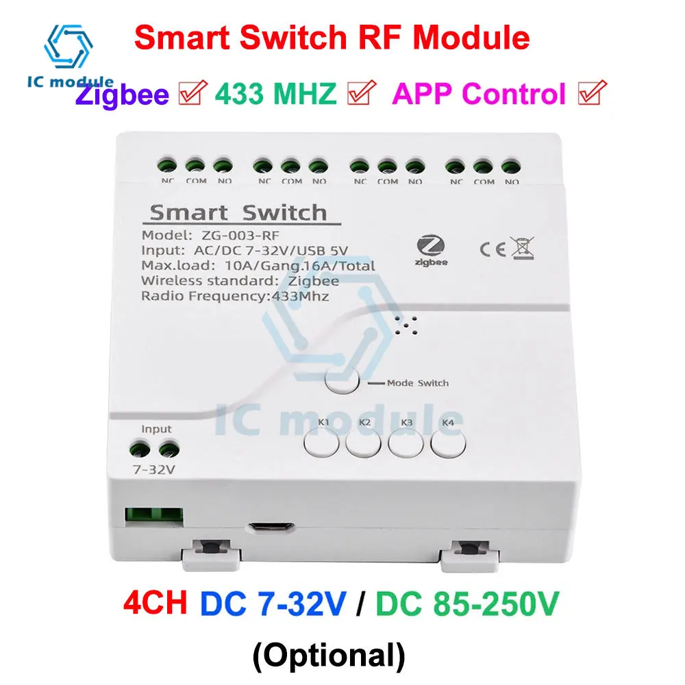 ZigBee Intelligent Switch RF Module 4 Channel DC7-32V / AC85-250V Jog Self-Locking WiFi Remote Control Relay Switch