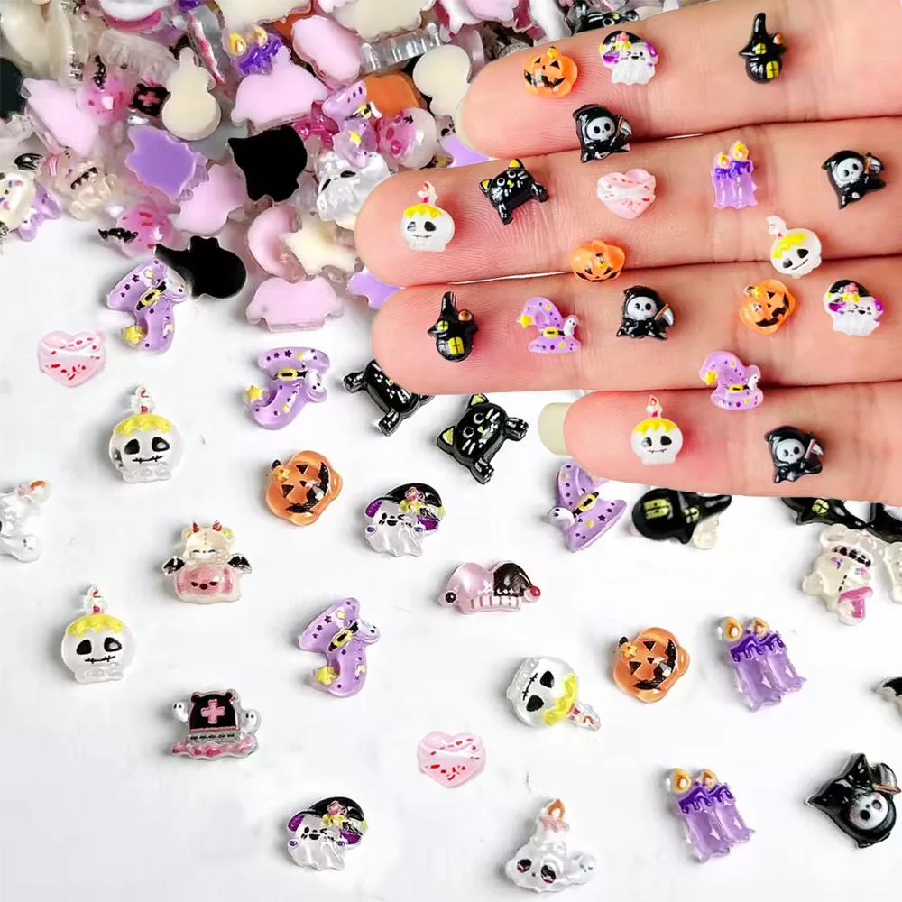 50pcs Resin Cartoon Skull Pumpkin Halloween Nail Charms 3D Mixed Ghost Magic House Tombstone Candle Nail Jewelry DIY Crafts Deco