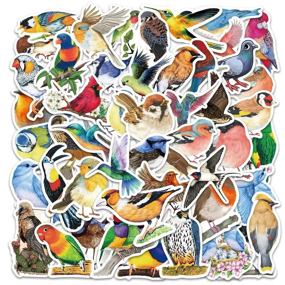 50 Pieces Watercolor Bird Graffiti Waterproof Stickers Cartoon Cute Animals DIY Refrigerator Luggage Scooter