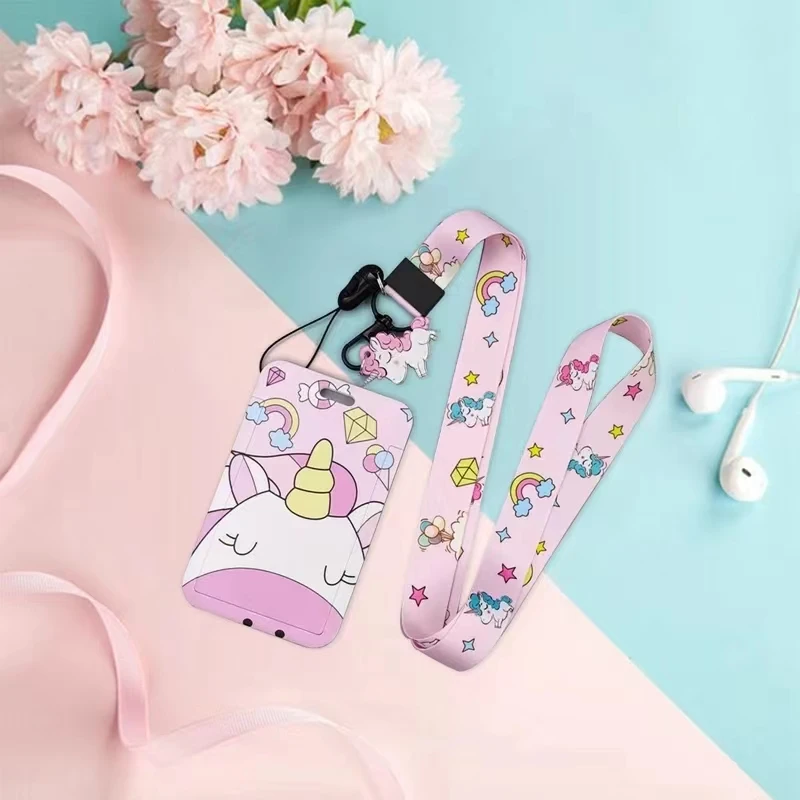 Linda funda con cordón de unicornio para identificación, Soporte para tarjeta, funda para teléfono móvil, funda de crédito bancaria, correa para el cuello para niñas, estudiantes adolescentes