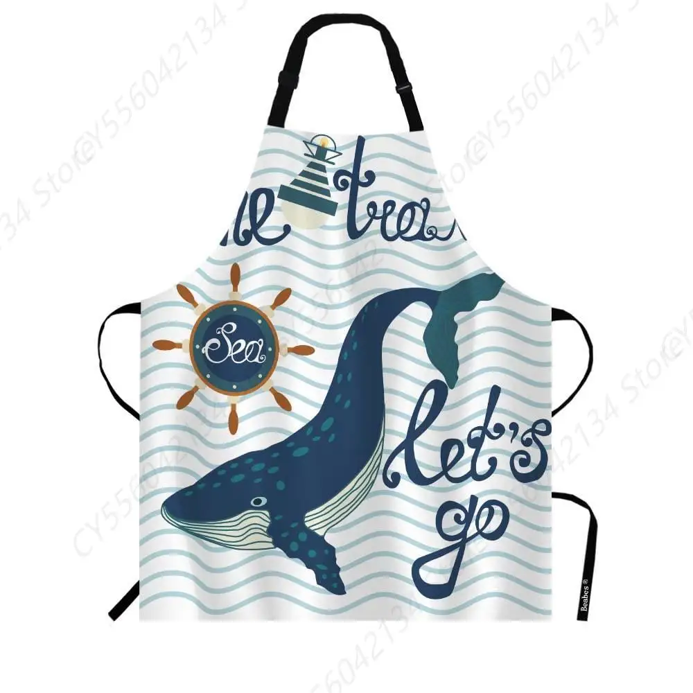 

Whale Kitchen Bib Apron Ocean Whale Sea Waves Helm Buoy Time Travel Quote Polyester Adjustable Aprons for Outdoor BBQ Gardening