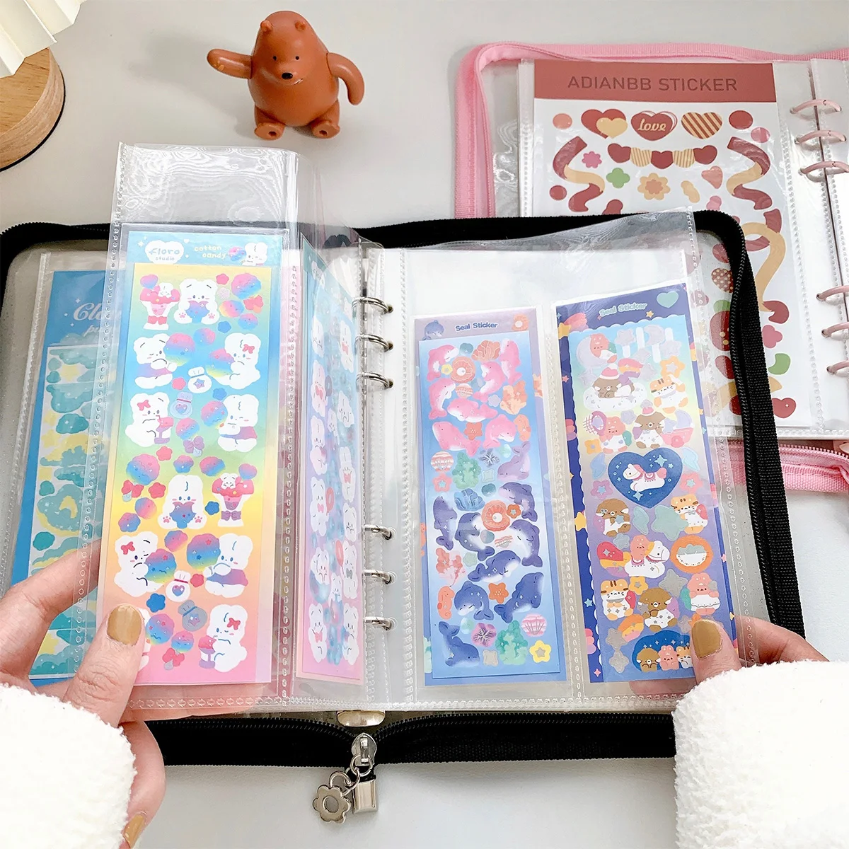 SKYSONIC Neue Ankunft A5 Zipper Binder Sammeln Buch Glitter Cover Organizer Journal Notebook Kugel Transparent PVC Fotoalbum – Detail 30