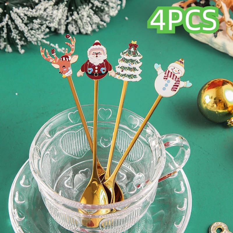 4PCS Matching Christmas Series 304 Stainless Steel Golden Tableware Coffee Stirring Spoon Fruit Fork Four Piece Gift Box Set