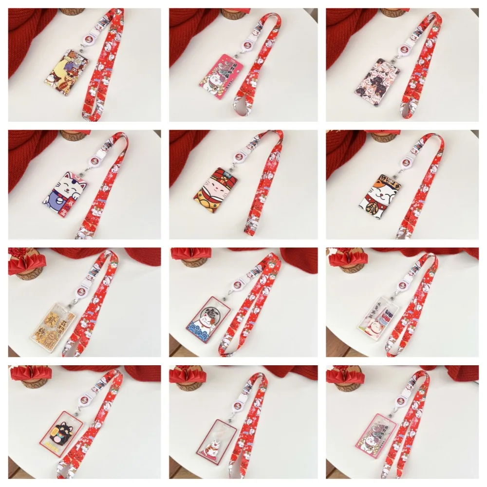 Long Rope Maneki Neko Card Holder Cartoon Card Case Maneki Neko Student Lucky Cat Card Cover Transparent Retractable Buckle