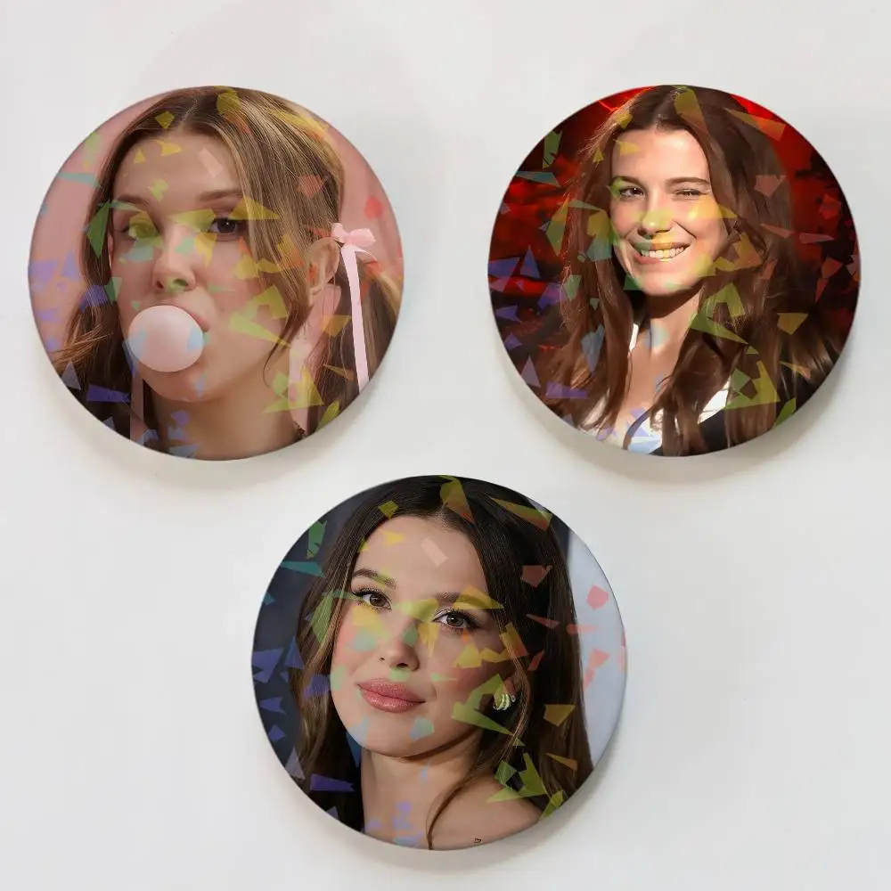Actor M-Millie Bobby Brown Round Exquisite Laser Badge Brooches Creative Pins For Clothes Hat Backpack Gift Accessories