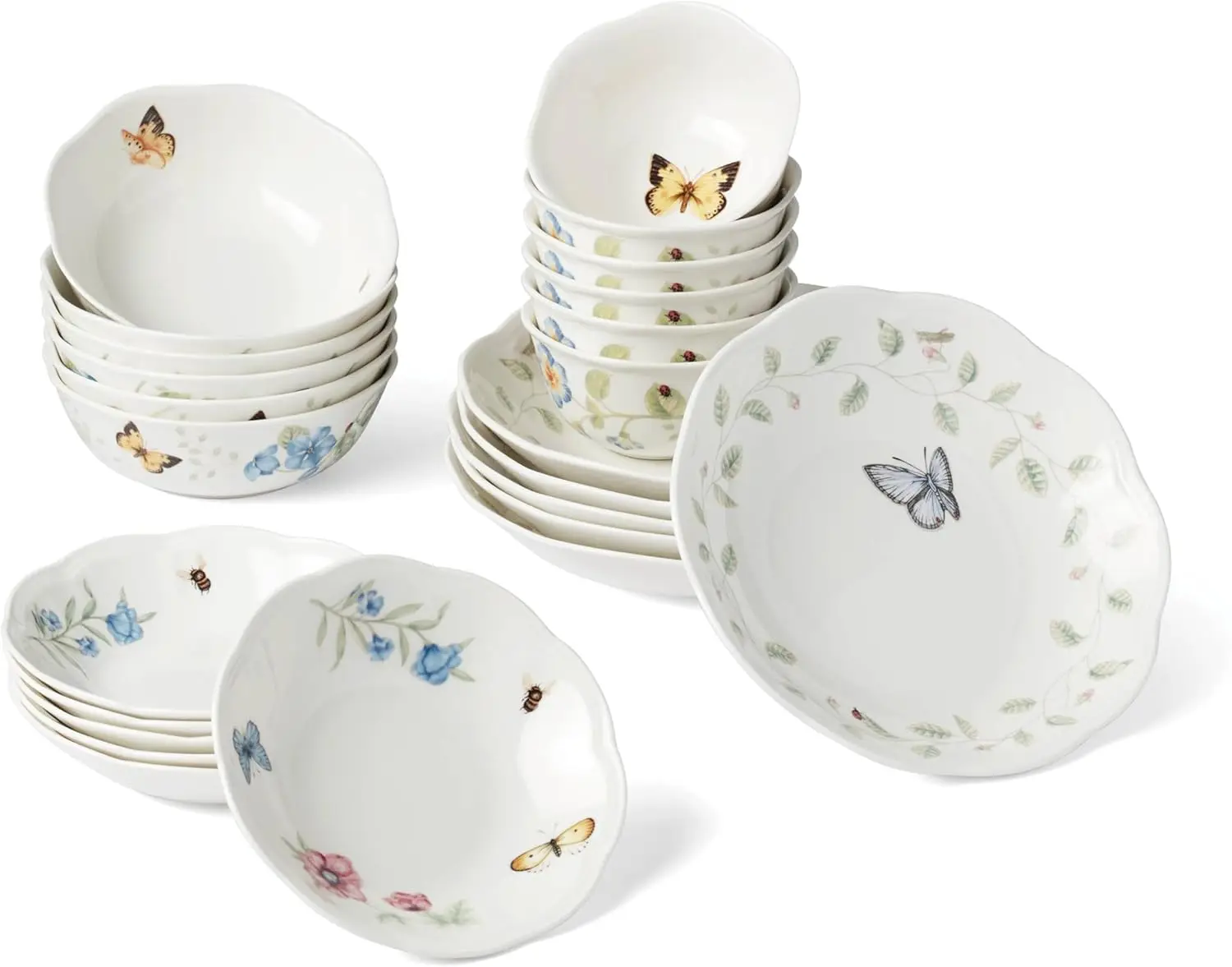 

Butterfly Meadow 24-Piece Bowl Set, Scalloped Edges, Microwave & Dishwasher Safe, Durable Porcelain