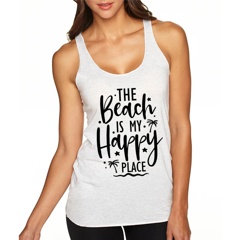 Woman Racerback Tank Tops The Beach Is My Happy Place Printed Tank Tops Women Plants Summer Vacation Tanks Casual Tops Outfit