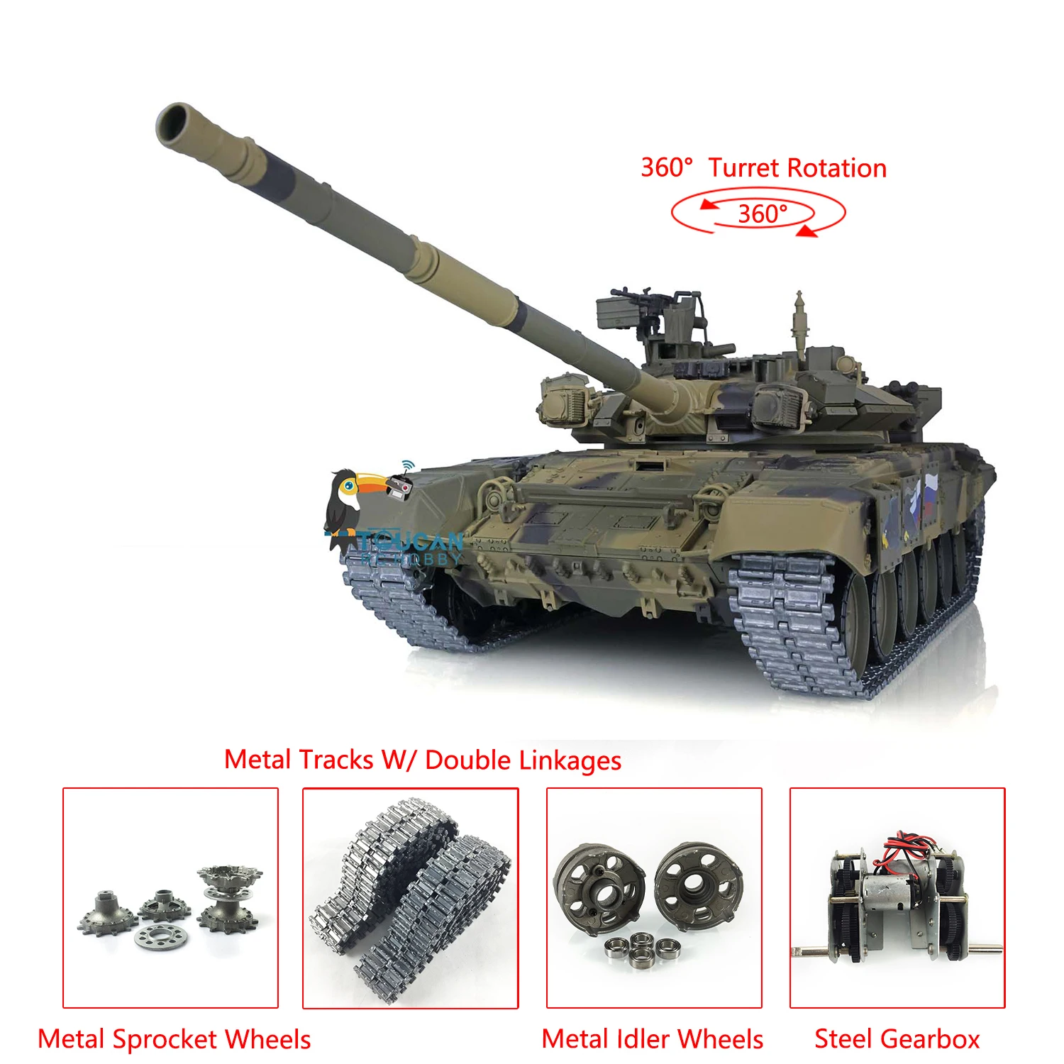 HENG LONG RC Tank 1/16 7.0 Actualizado T90 3938 Pistas de metal 360 °   Juguetes de coche de Control remoto de torreta giratoria para adultos TH17850