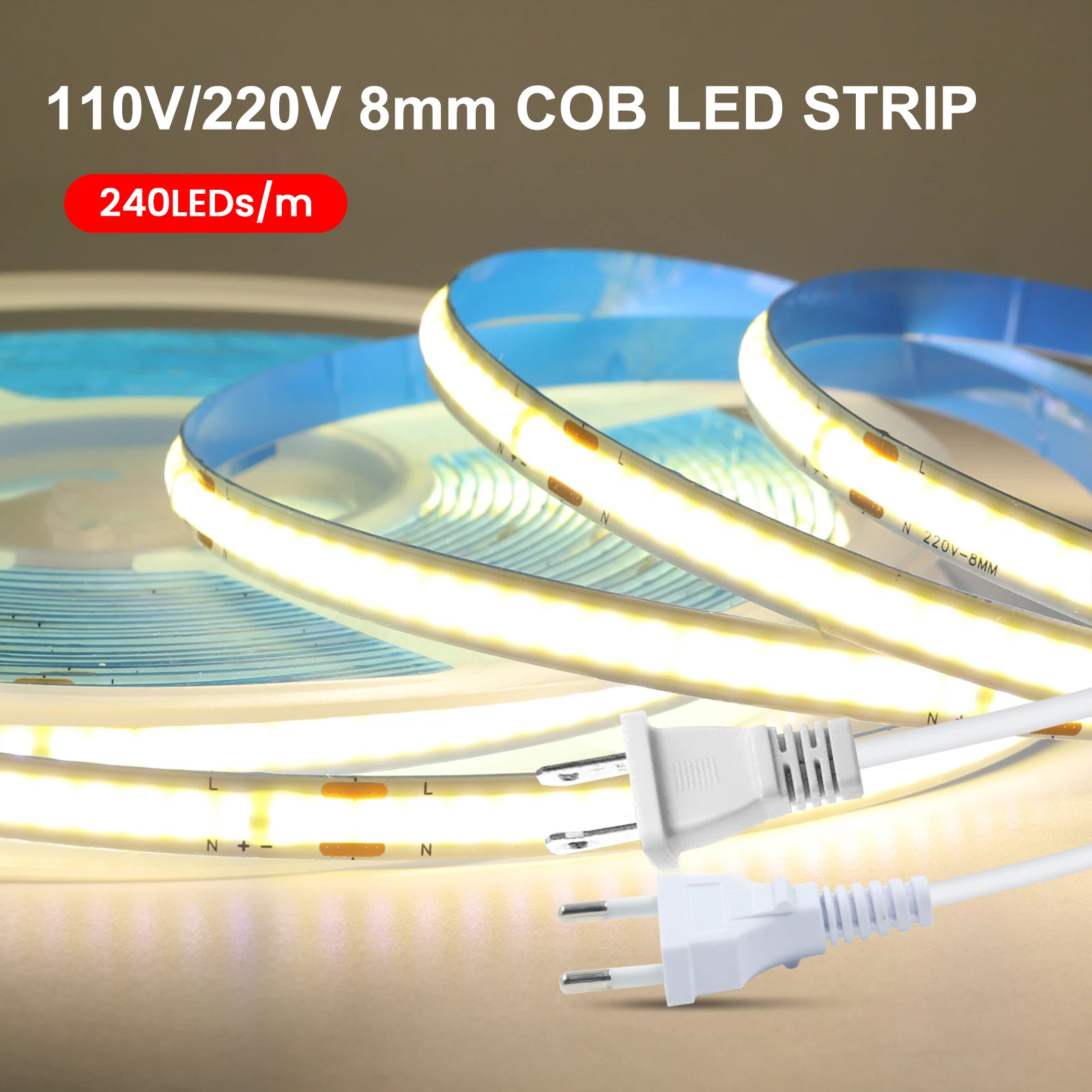 110V 220V COB LED Strip Lights with EU/US Plug 5m 10m 15m 20m 240LEDs/M Linear Lighting Flexible LED Tape Ribbon Home Room Decor view 4