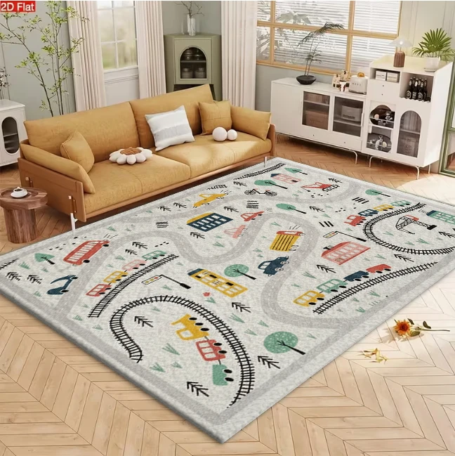 Cartoon City Traffic and Train Pattern Carpet Flooring for Kids Room Play Area Educational Non Slip Soft Floor Mat