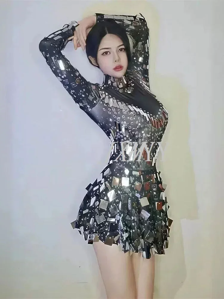 Black Stretch Stage Dance Dress Nightclub Party Celebrate Dress Women Dancer Performance Clothes Raquel Mirror Party Dress