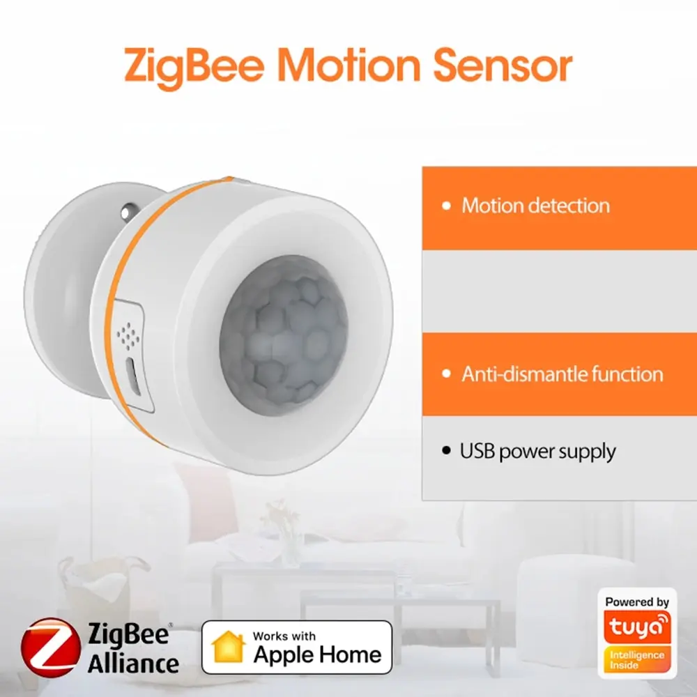 HomeKit and ZigBee PIR Motion Sensor Battery Power and USB Charged Infrared PIR Support Tuya App/Smart Life App/Apple Home APP