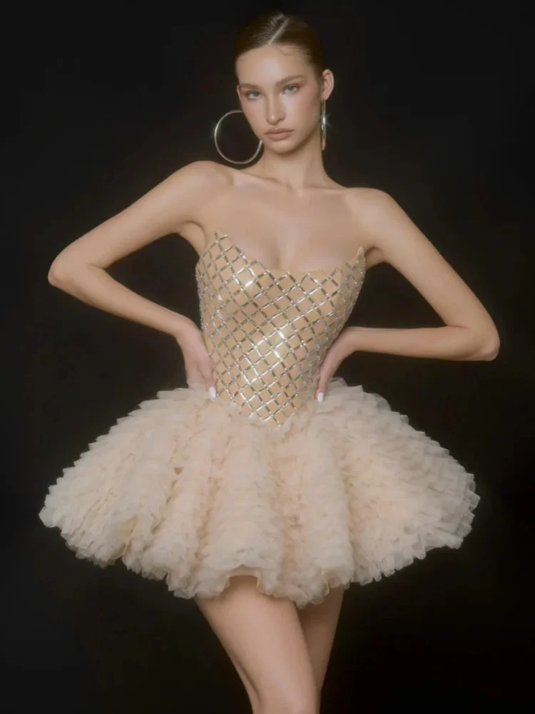 Sexy Strapless Luxury Diamonds Tulle Puffy Dress Women Sleeveless Backless Rhinestones Mini Dresses Evening Party Cocktail Gowns