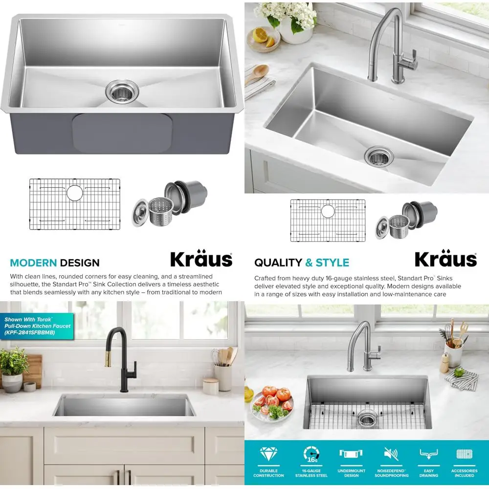 

Kraus Standard Pro 30 Undermount Single Bowl 16 Gauge Stainless Steel Kitchen Sink, Model KHU100-30