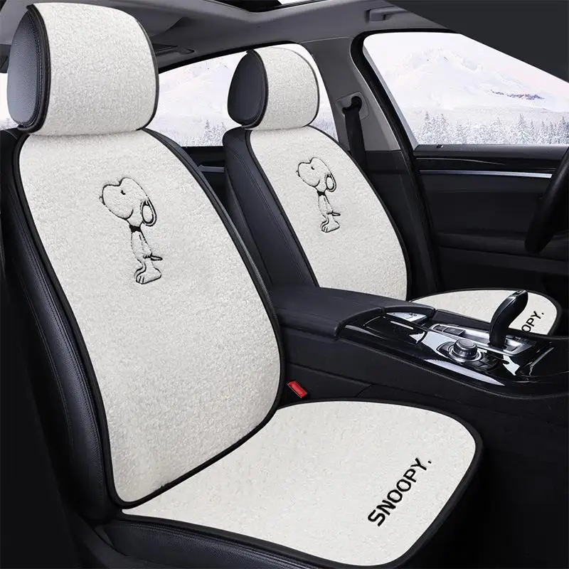 Snoopy Cartoon Embroidered Lamb Fleece Seat Cushion Headrest Lumbar Cushion Kawaii Anime Car Seat Cover Three-Piece Set Gifts