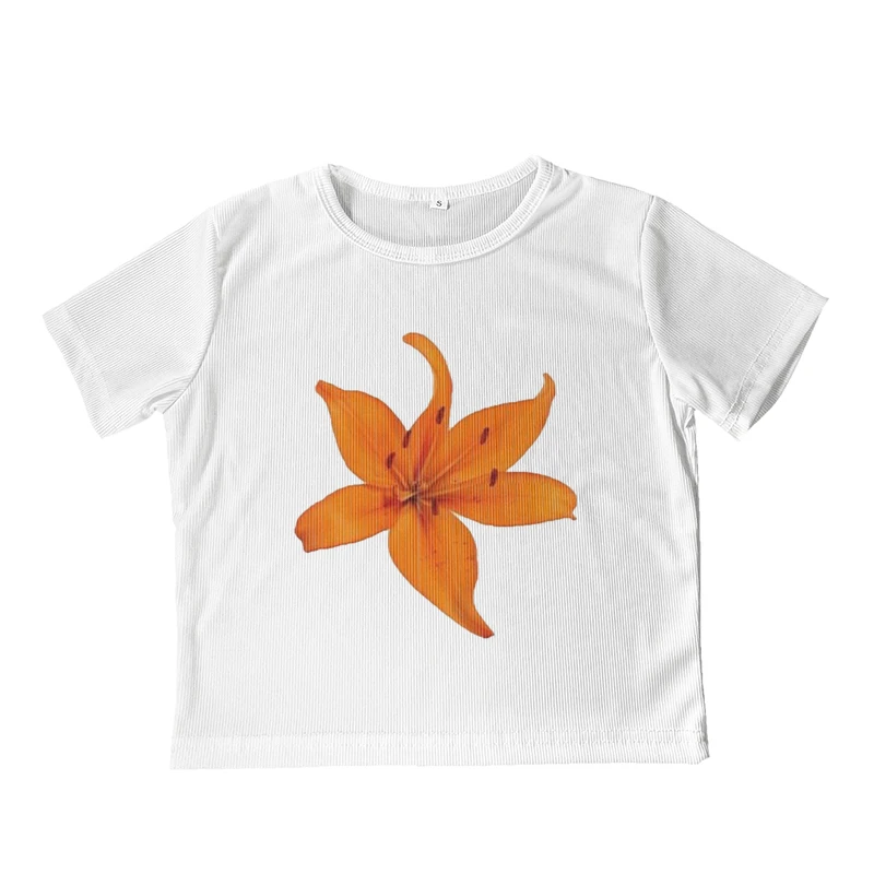 Lily Flower Print T-shirts Summer Gothic Sexy Slim Crop Tops Y2K Hip-Hop O-Neck Short Leeve T Shirt 00s Women Fashion Baby Tee